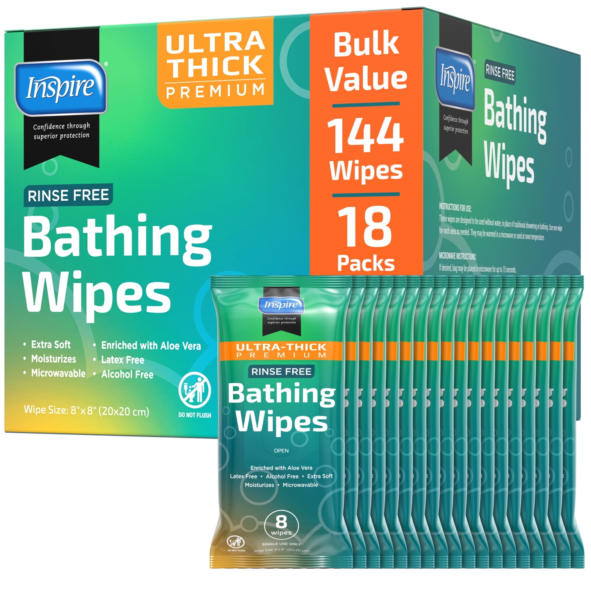 INSPIRE Thick Rinse Free Adults Bathing Wipes- Wet Wipes Thick Strong XL With Aloe, 18 Pack