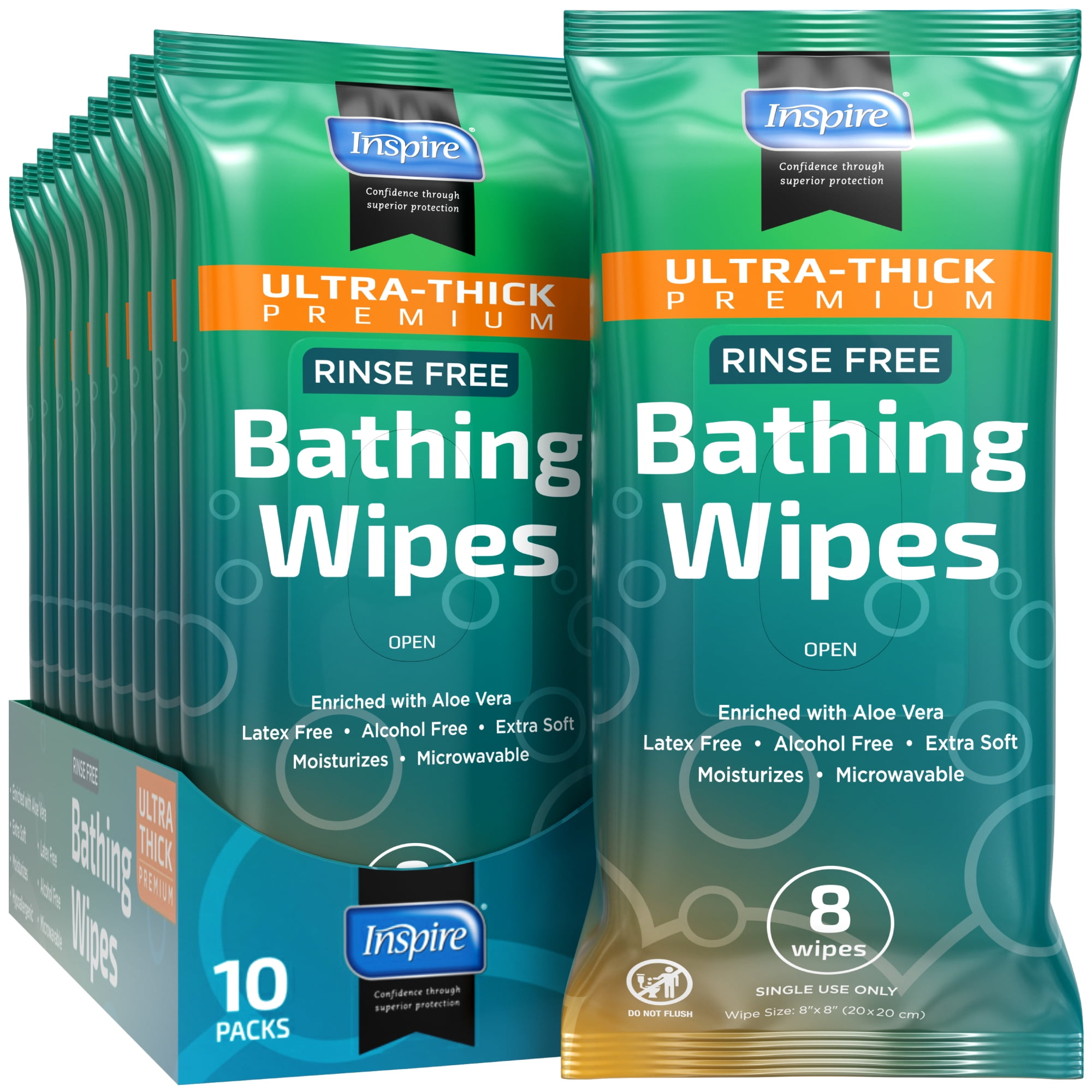 INSPIRE Ultra Thick Rinse Free Adults Bathing - Wet Wipes Thick Strong XL with Aloe,10 Pack