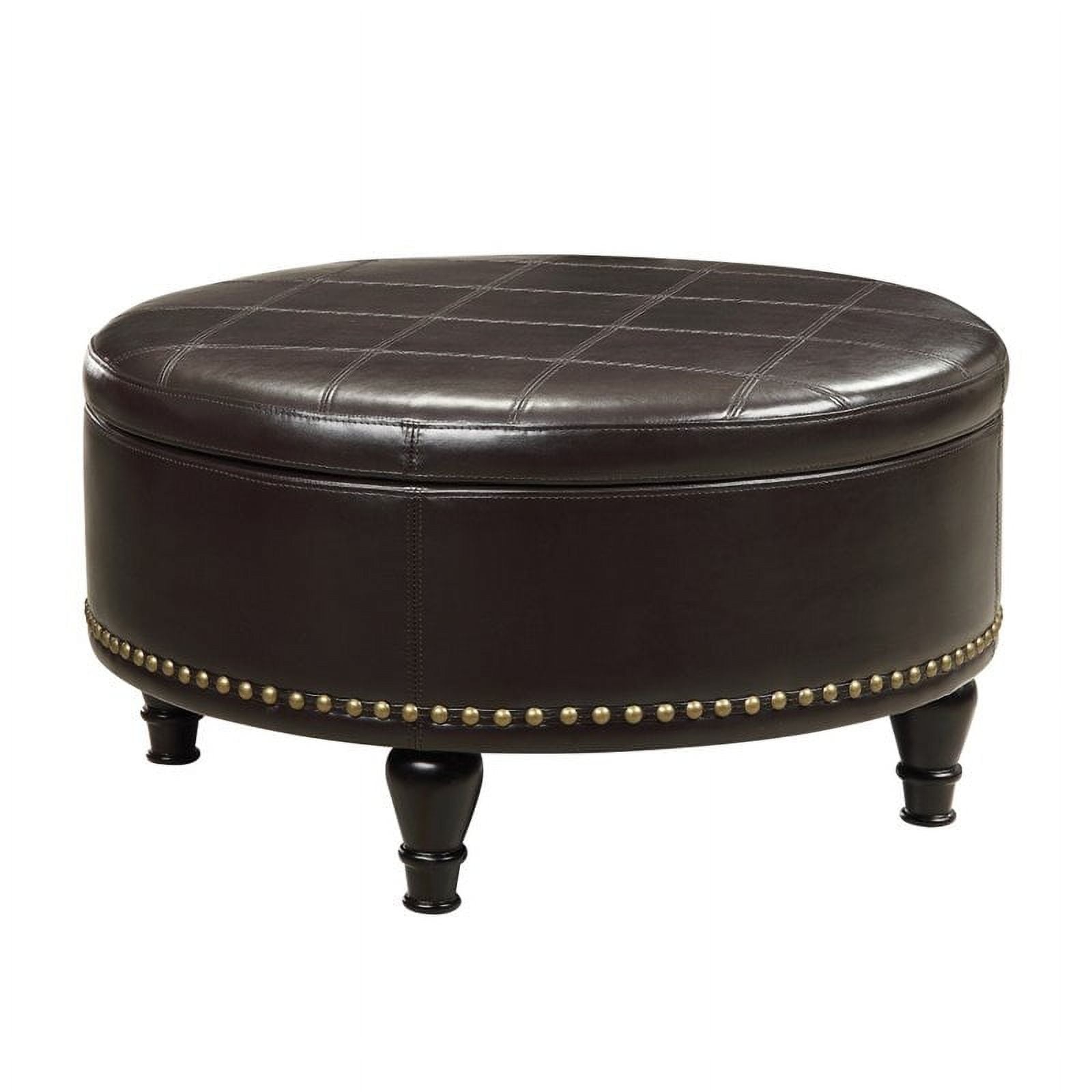Espresso Bonded Leather Round Ottoman with Tray and Nailhead Detail