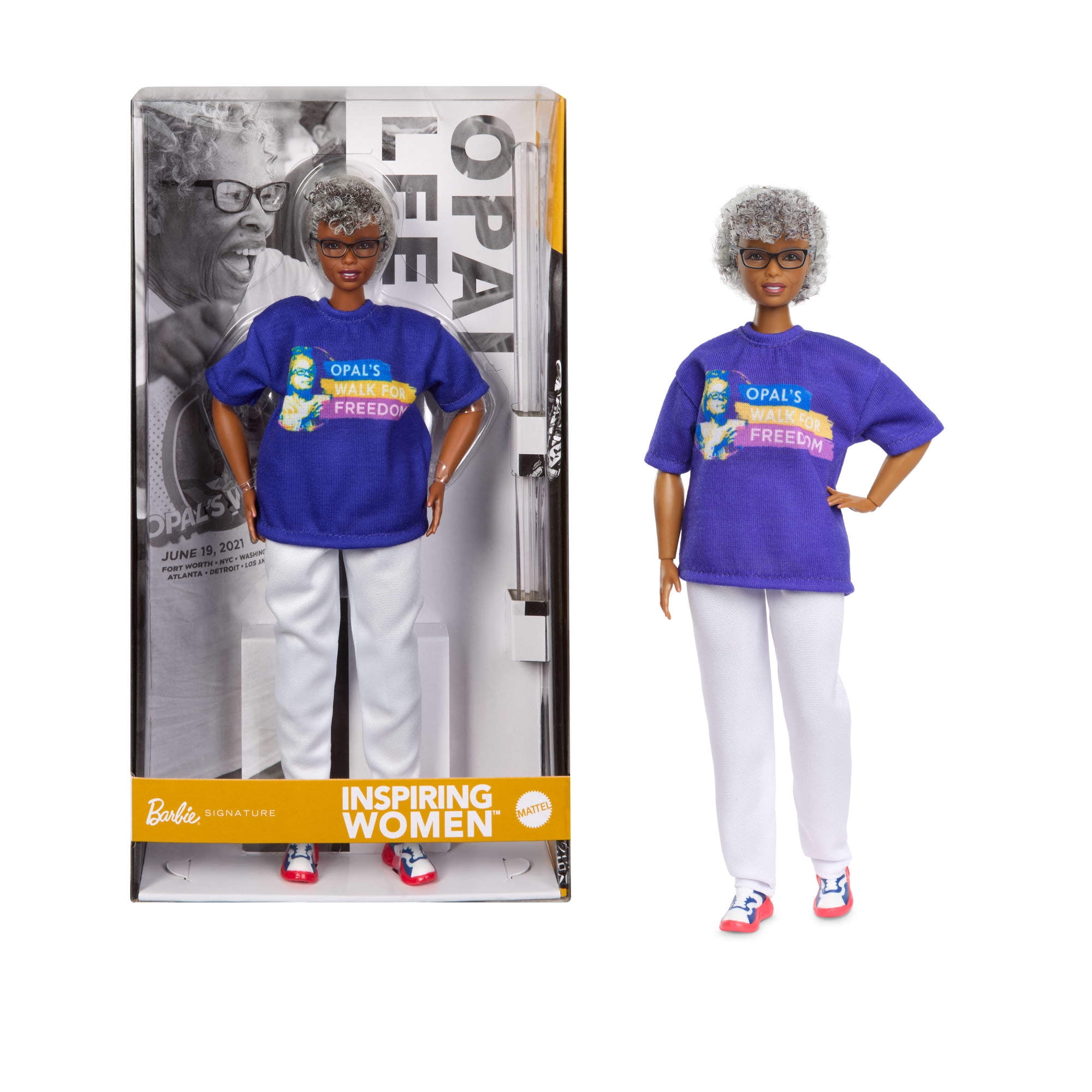 Barbie Inspiring Women Opal Lee Collectible Doll in Blue “Opal’s Walk For Freedom” T-Shirt