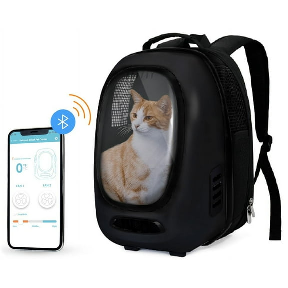 INSTACHEW Trekpod Smart Pet Carrier with Breathable Fan for Cats and Small Dogs for Walk Outdoors for Hike Up to 17lbs, Comfortable Ventilated Hard-Sided Cat Carrier Travel Backpack, App-Enabled,Black