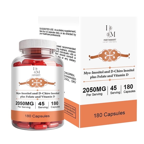 INSTAMART Myo-Inositol & D-Chiro Inositol Supplement for Women | 2050mg, Balanced 40:1 Ratio | Plus Folate & Vitamin D for Hormonal Balance, Regular Cycles & Ovarian Health | 180 Vegetarian Capsules