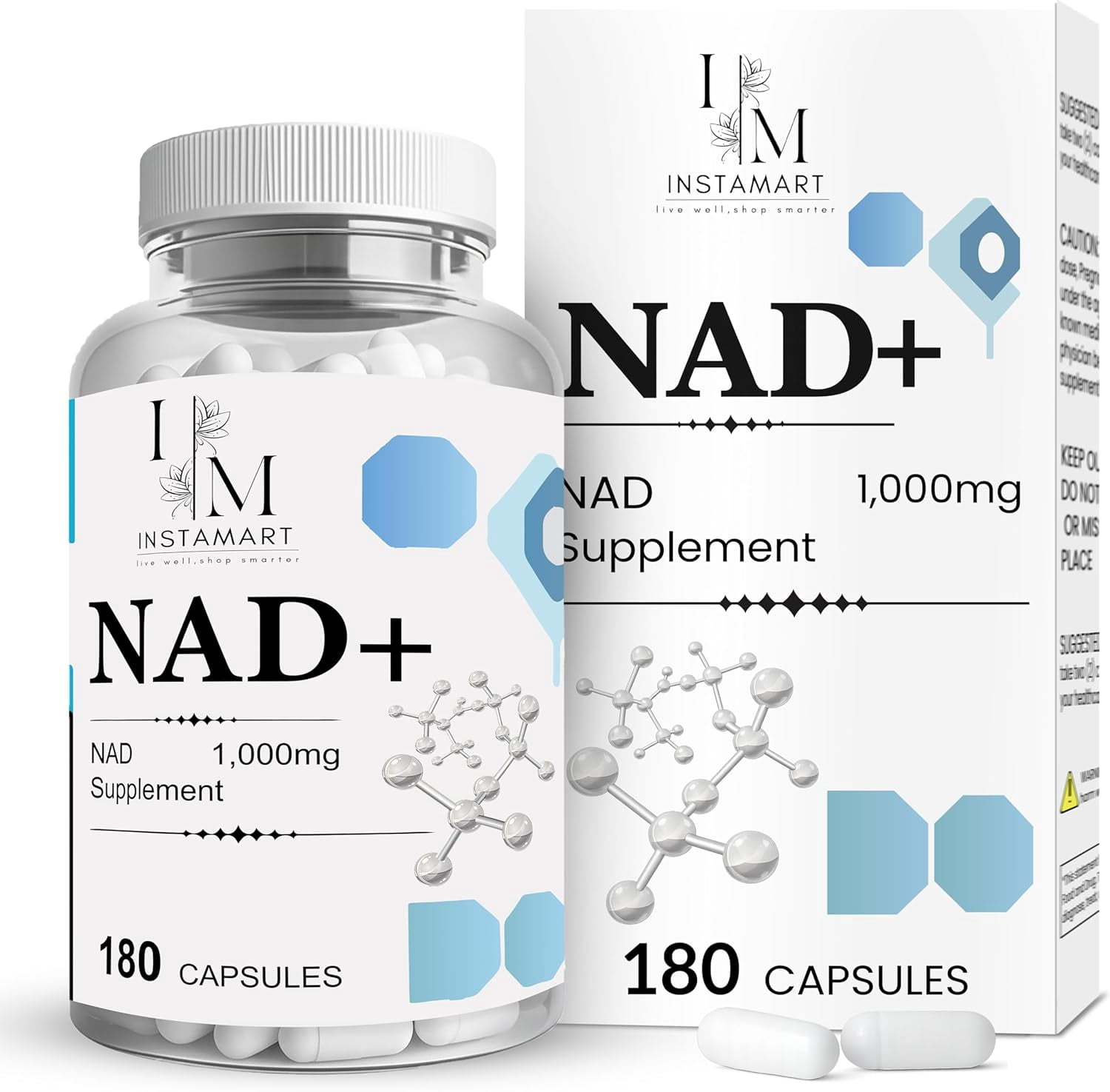 INSTAMART NAD Supplements for Women & Men (180 Capsules) Organic NAD + Supplement 1000mg Serving | Similar to Nicotinamide Riboside | Advanced Formula for Cellular Health, Stamina & Healthy Aging