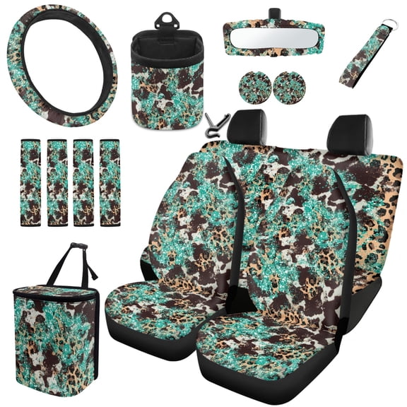 INSTANTARTS Cow Print Leopard 15 Pcs Car Accessories Set Interior Decor Car Seat Covers Steering Wheel Cover Keychain Car Trash Can Car Dash Rearview Mirrors Protective Cover Car Coasters