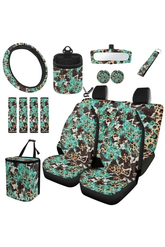 Cow Print Leopard 15 Pcs Car Accessories Set Interior Decor Car Seat Covers Steering Wheel Cover Keychain Car Trash Can Car Dash Rearview Mirrors Protective Cover Car Coasters