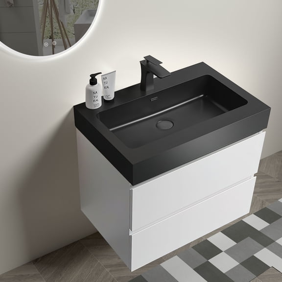 INSTER 24 Inch Floating Bathroom Vanity with Black Ceramic Sink, Wall-Mounted White Cabinet with Double Soft-Close Drawers, Handle-Free Modern Design