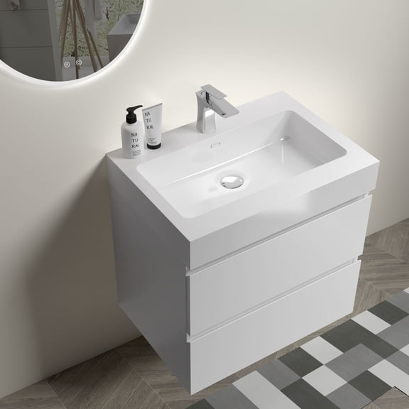 INSTER 24 Inch Floating Bathroom Vanity with Integrated Ceramic Sink, Wall-Mounted White Cabinet with Double Soft-Close Drawers, Handle-Free Design