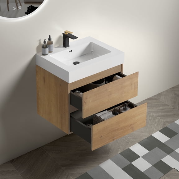 INSTER 24 Inch Floating Bathroom Vanity with Sink, Wall-Mounted Natural Wood Cabinet with Double Soft-Close Drawers, Handle-Free Modern Design
