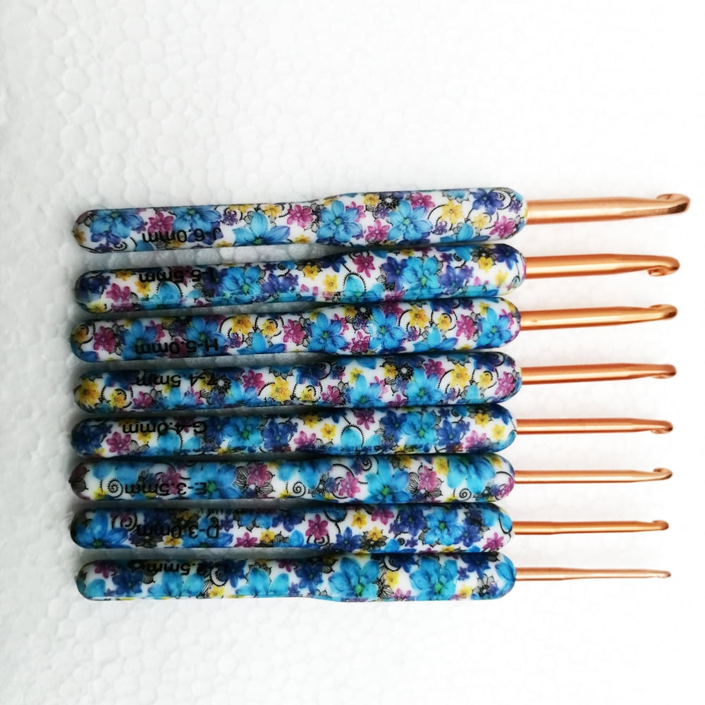 INTBUYING 1 Set 8pcs Soft Pottery Crochet Hooks Needles Knit Weave Blue Floral Style