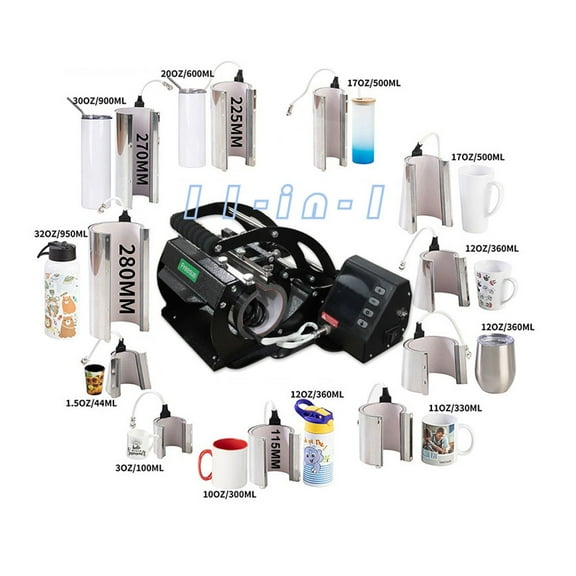 INTBUYING 11in1 Mug Heat Press Machine with 11pcs 1.5oz-32oz Clamps Sublimation Transfer Printing Craft