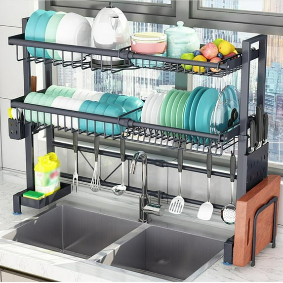 INTBUYING 2 Layer Kitchen Sink Drain Rack Retractable Drying Rack Filter Rack Stainless Steel Black