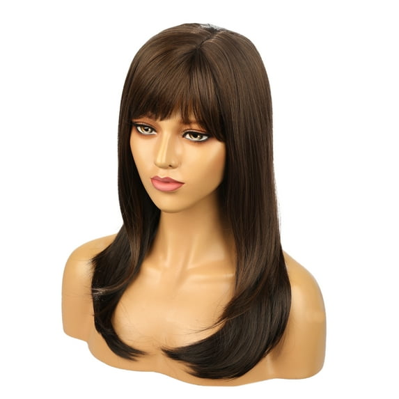 INTBUYING 21.6inch Women Brown Wigs Hair with Bangs 150% Density (Lace Front)