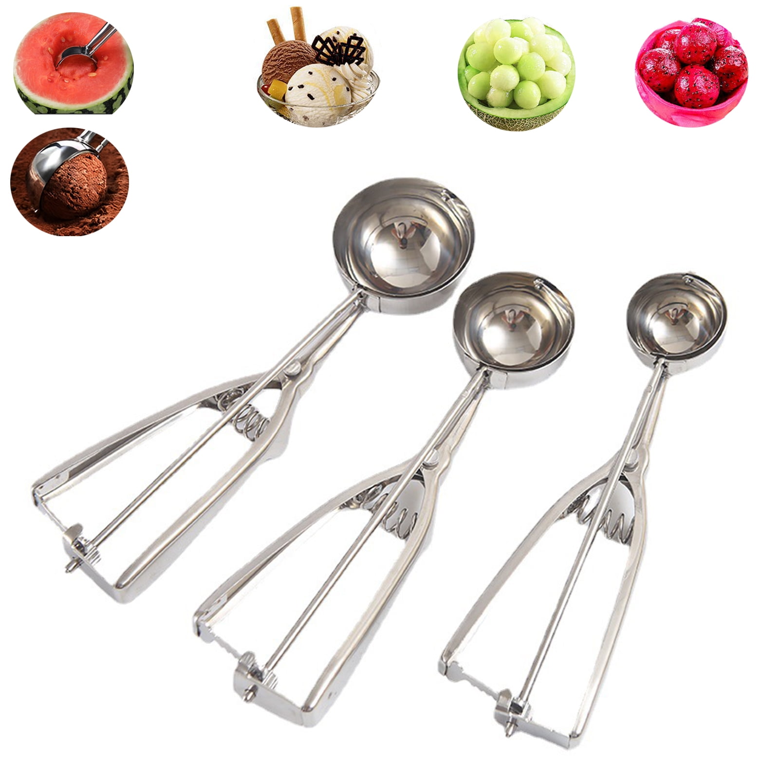 Stainless Steel , Polished, 3 Pieces Different Sizes Small 4cm, Medium 5cm  Large 6cm Ice Cream Spoon With Ejector, R