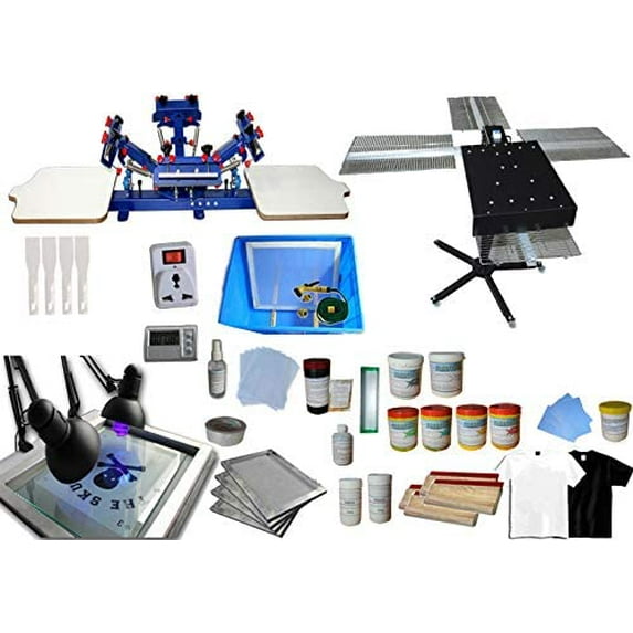 INTBUYING 4 Color 2 Station Screen Printing Kit Desktop Screen Printing with Dryer Screen Printing Press Equipment Material Screen Printer