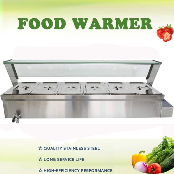 INTBUYING 6-Pan Food Warmer Commercial Buffet Food Warmer Stainless Steel Steam Table Restaurant Canteen Food Heater with Glass Guard