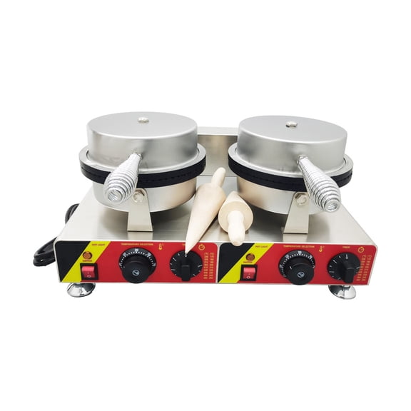INTBUYING Electric Ice Cream Cone Maker Machine Double Station Baker for Round Cone Waffle Crispy Pancake Cooking
