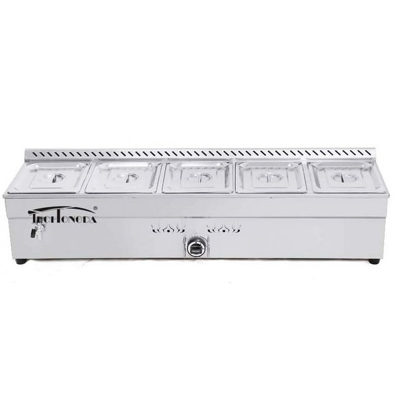 INTBUYING Propane Gas Food Soup Warmer Stove Bain Marie Commercial Canteen Buffet Steam Heater 12''x8.7''x6'' Pan 5 Pan