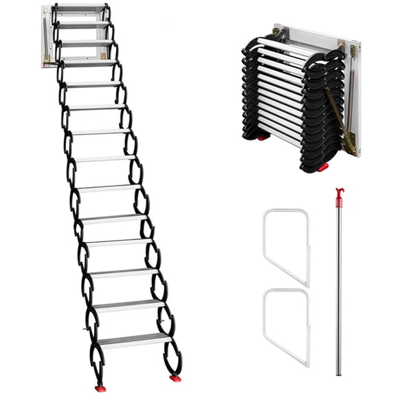 INTBUYING Wall-Mounted Attic Folding Ladders 14Steps Al-mg Alloy Black-White