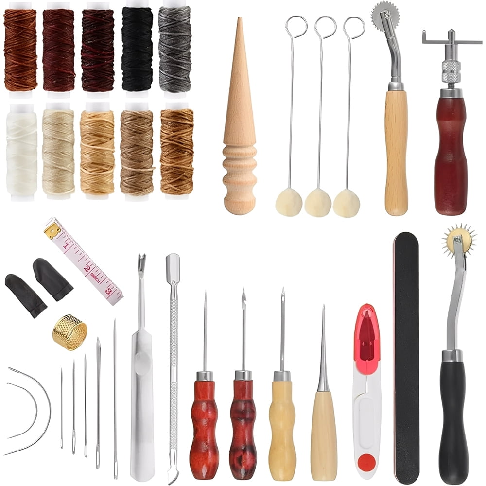 INTELIVE 36 pcs Leather Craft Sewing Kit, Leather Working Tools and Supplies, Leather Tooling Kit with 10 Colors Waxed Thread Awl Prong Punch Groover