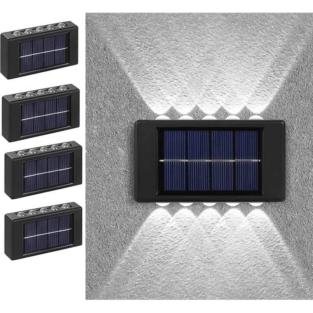 INTELIVE 4pcs Solar Wall Light with 10 LEDs, Wireless Solar LED Wall Light Top and Down Outdoor Garden Lamp for Garden Patio Hallway Stairs, White Light Color