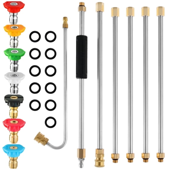 INTELIVE 6 Straight Rods and 1 Gutter Cleaning Curved Rod Set, Pressure Washer Extension Attachment Wand Set Kit, Quick Connect with 7 Nozzle Tips for Roof Drainage Ditch, Exterior Walls