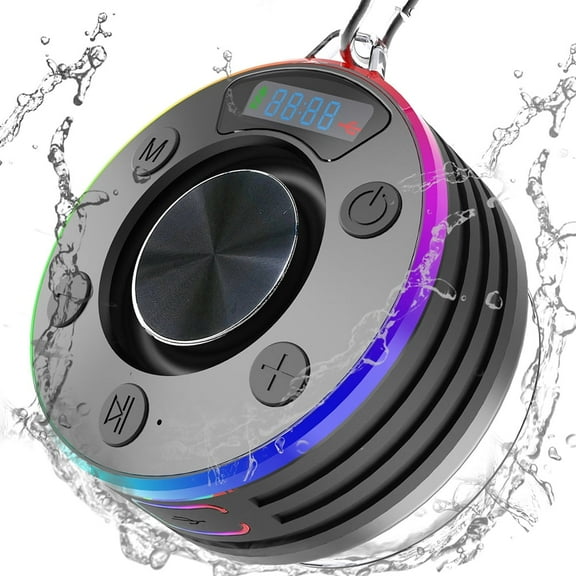 INTELIVE Bluetooth Shower Speaker with Digital Time Display, LED Lighting, Portable Waterproof Wireless Speaker, Black