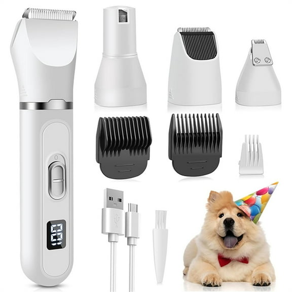 INTELIVE Dog Hair Clippers Grooming Kit, 4 in 1 Electric Trimmer, Low Noise Rechargeable Cordless Pet Hair Grooming with Nail Grinder for Cats Dogs Pets