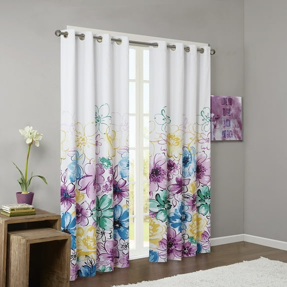 INTELLIGENT DESIGN Adel Floral Total Blackout Window Curtain Panel, 50x84", Blue