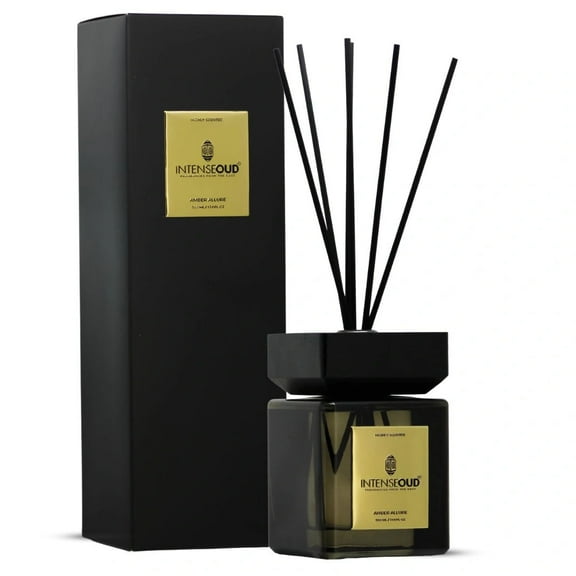 INTENSE OUD Reed Diffuser, Amber Allure &ndash; 500ml (17.6 oz) &ndash; Fragrance for Up to 90 Days &ndash; Reusable, Refillable Glass Holder and Includes 6 All-Natural Reed Sticks