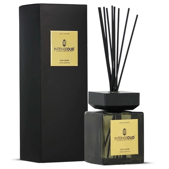 INTENSE OUD Reed Diffuser, Oud Rose  1000ml (35.1 oz)  Fragrance for Up to 90 Days  Reusable, Refillable Glass Holder, Includes 6 All-Natural Reed Sticks