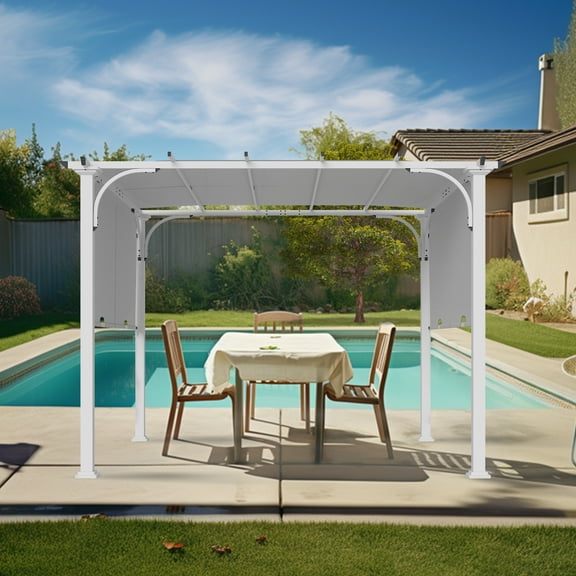 INTER HUT 10' x 10' Gray Steel Pergola, with Retractable Texilene Canopy
