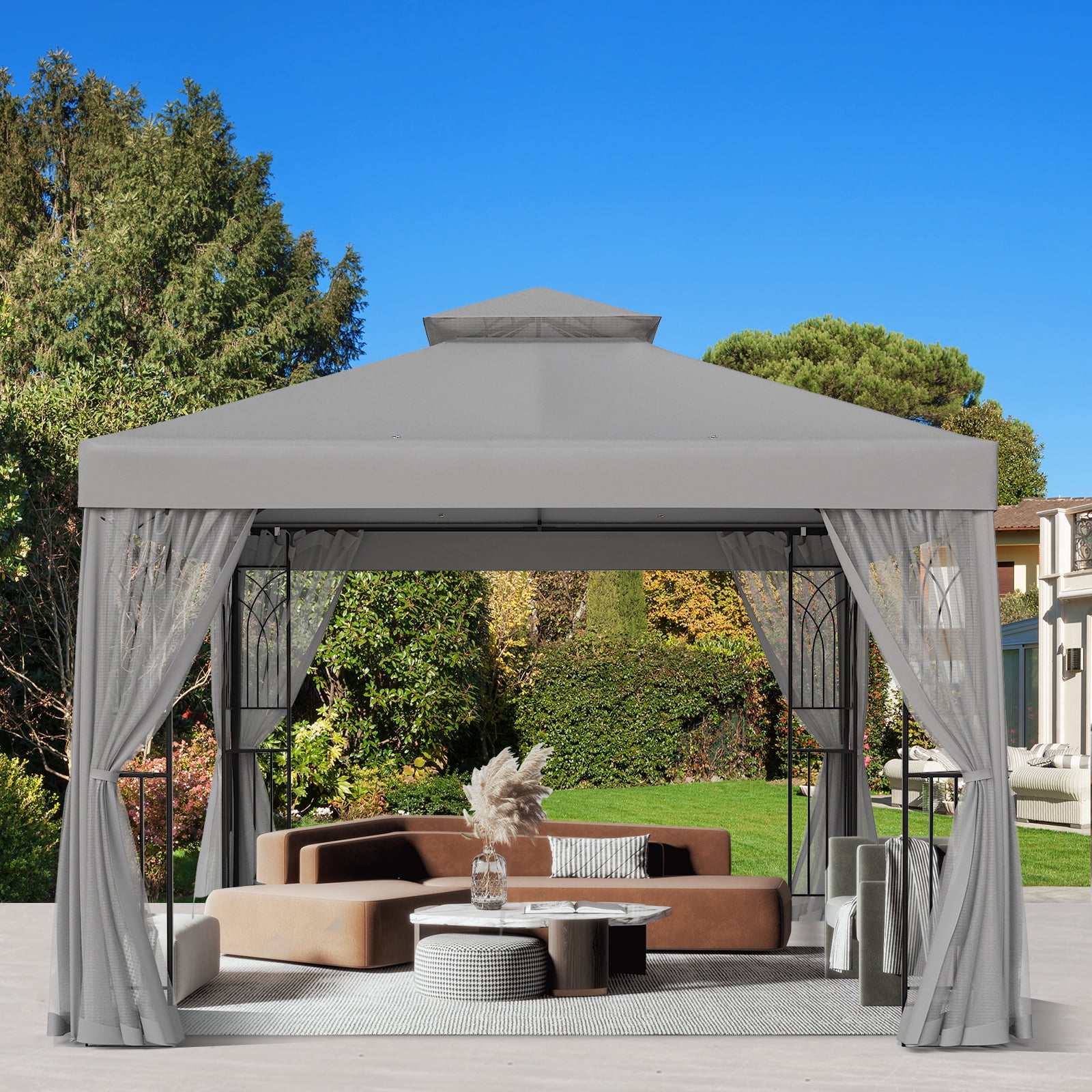 INTER HUT 10x10 Metal Patio Gazebo Outdoor Gazebo Canopy Tent for Backyard with Mesh Privacy Curtains