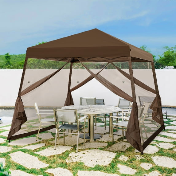 INTER HUT 10x10 Pop up Canopy Tent with Mesh Netting, Slant Leg Instant Screened House Gazebo, Brown
