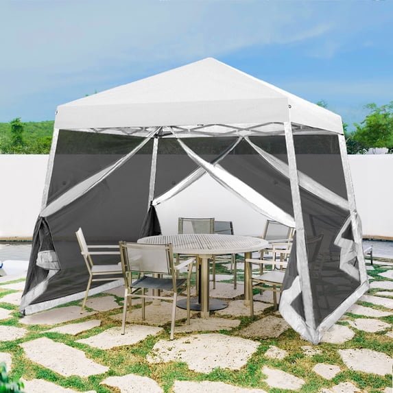 INTER HUT 10x10 Pop up Canopy Tent with Mesh Netting, Slant Leg Instant Screened House Gazebo, White