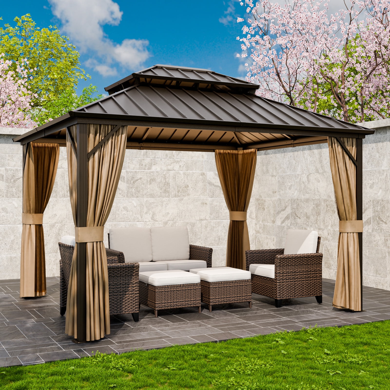 INTER HUT 10x12 FT Galvanized Steel Double Roof Gazebo with Aluminum Frame Gazebo W/Curtain and Netting, Brown