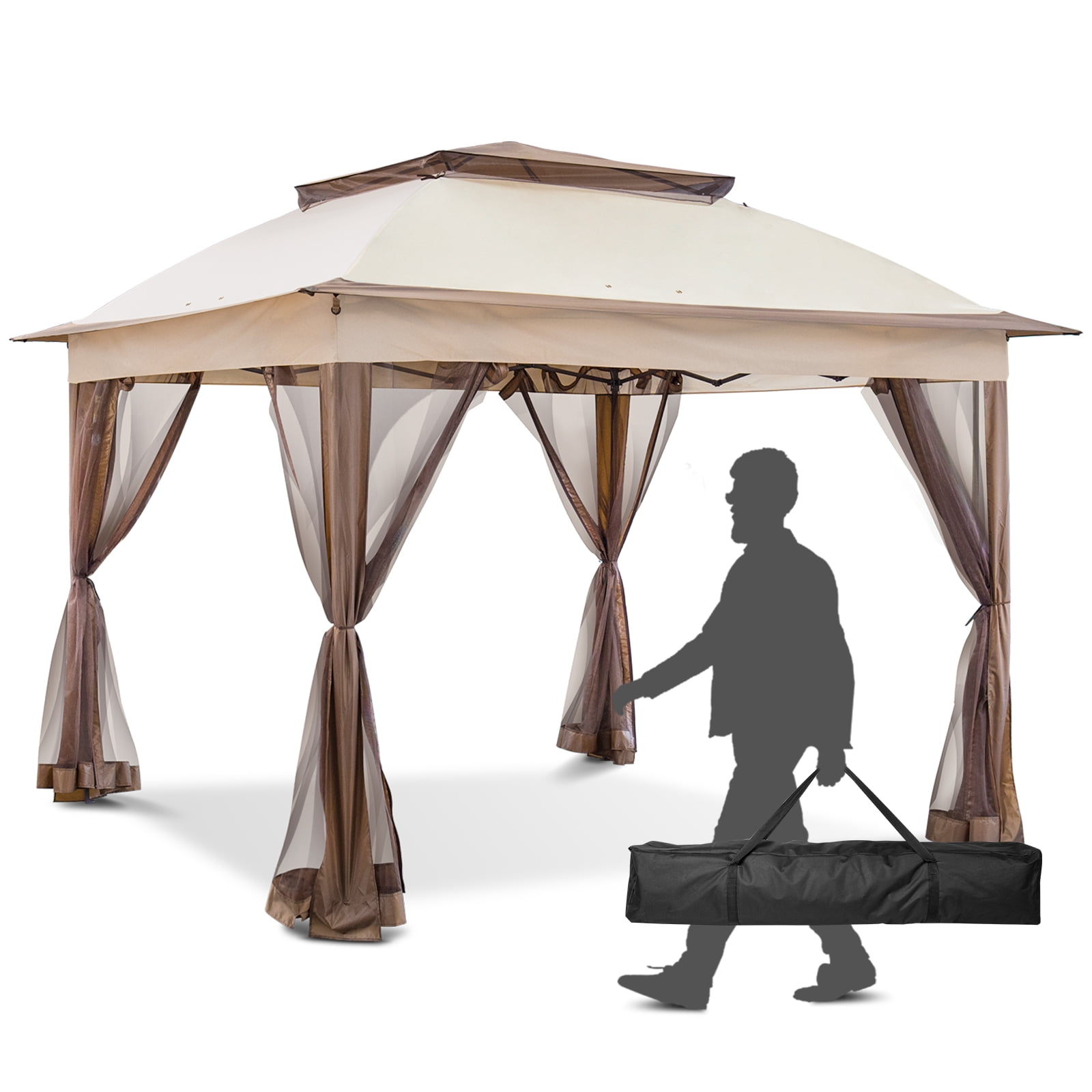 Beige Steel Pop-up Patio Gazebo with Mesh Walls, 11x11 Feet