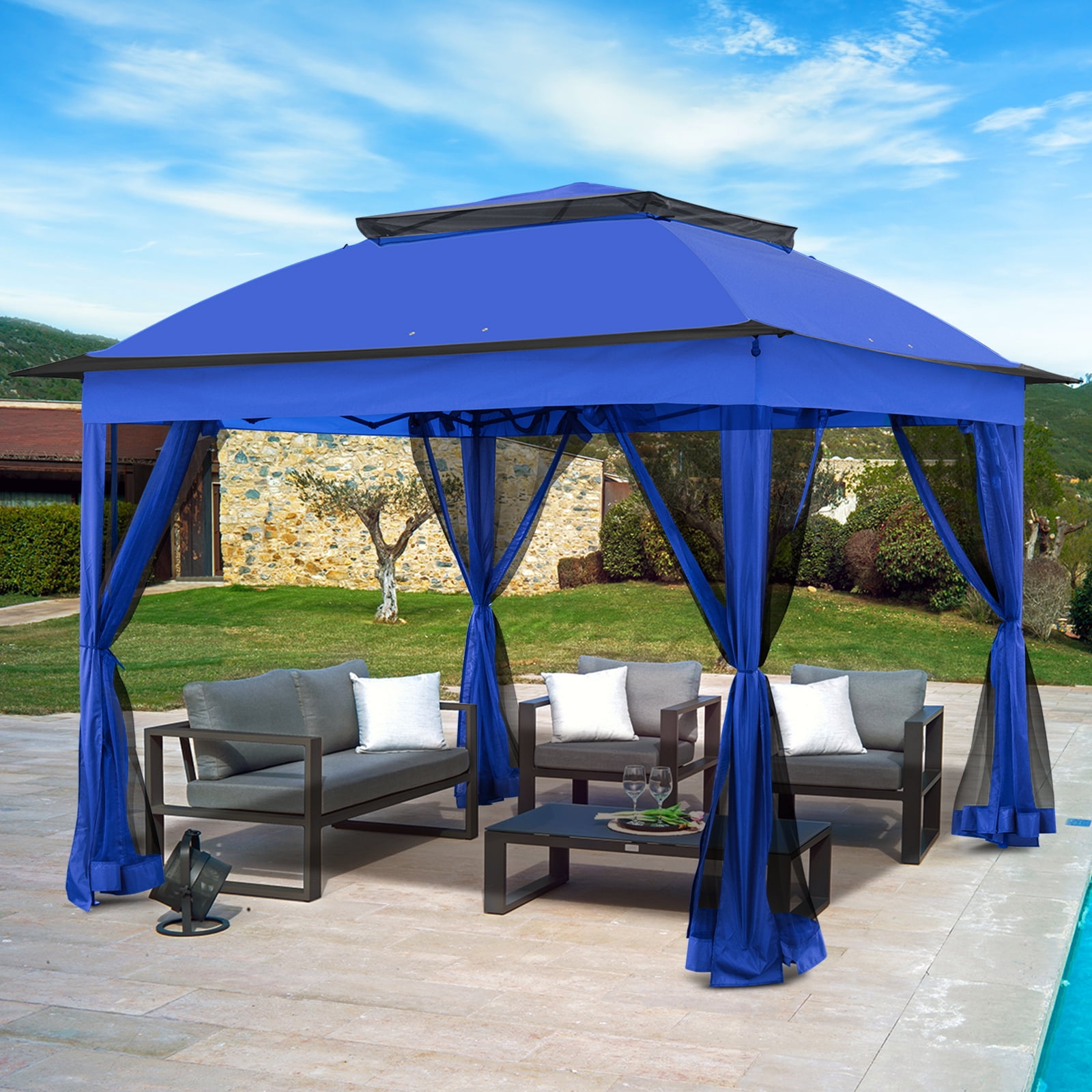 11x11 Blue Steel Pop-Up Gazebo with Mesh Walls