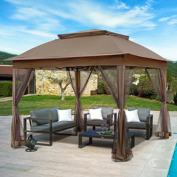 INTER HUT 11x11 Outdoor Pop up Gazebo Tent with Mesh Walls for Patio, Lawn, Backyard and Deck, Brown