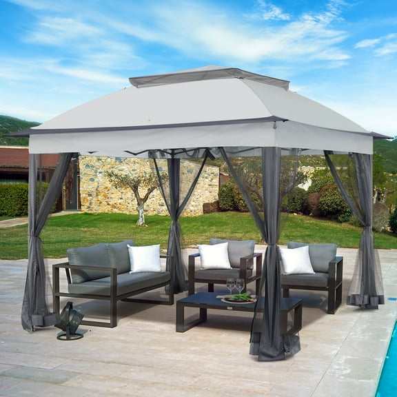 INTER HUT 11x11 Outdoor Pop up Gazebo Tent with Mesh Walls for Patio, Lawn, Backyard and Deck, Gray