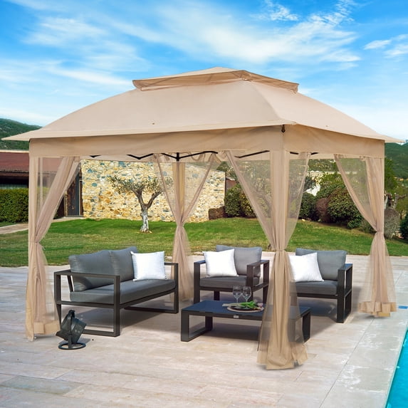 INTER HUT 11x11 Outdoor Pop up Gazebo Tent with Mesh Walls for Patio, Lawn, Backyard and Deck, Khaki