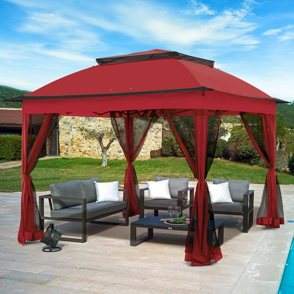 INTER HUT 11x11 Outdoor Pop up Gazebo Tent with Mesh Walls for Patio, Lawn, Backyard and Deck, Red
