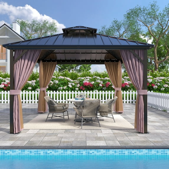 INTER HUT 12x12 FT Outdoor Hardtop Gazebo with Nettings and Curtains, Aluminum Frame Galvanized Double Roof Pavilion Gazebo, Brown Frame