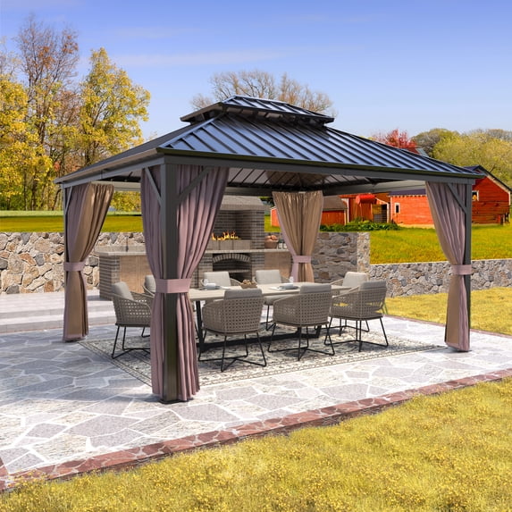 INTER HUT 12x14 FT Outdoor Hardtop Gazebo with Nettings and Curtains, Aluminum Frame Galvanized Double Roof Pavilion Gazebo, Brown Frame