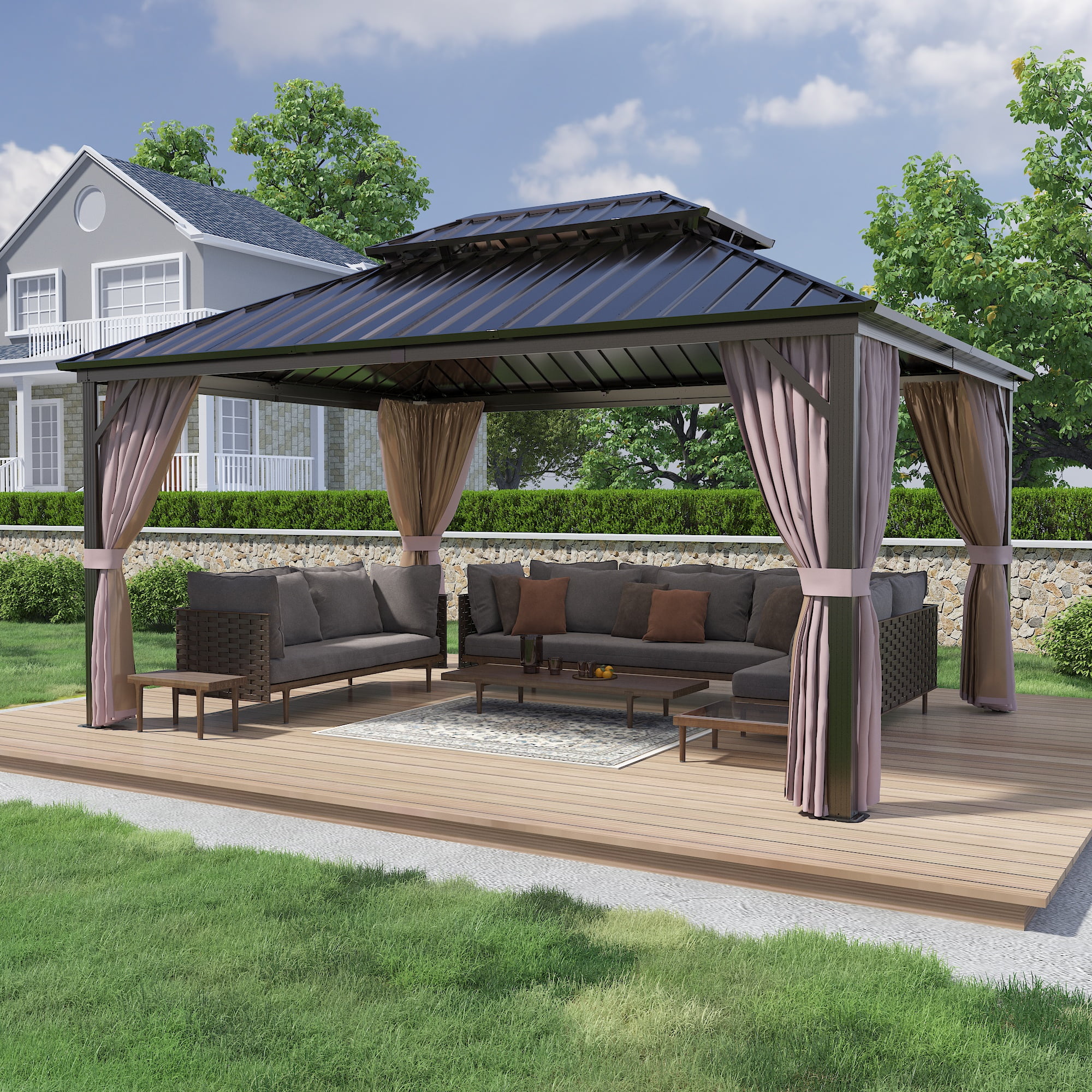 INTER HUT 12x16 FT Outdoor Hardtop Gazebo with Nettings and Curtains ...