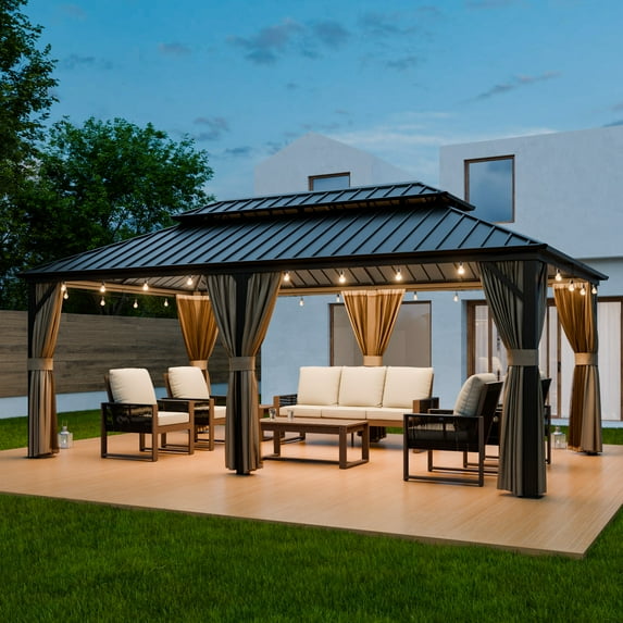 INTER HUT 12x20 FT Galvanized Steel Double Roof Gazebo with Aluminum Frame Gazebo W/Curtain and Netting, Brown