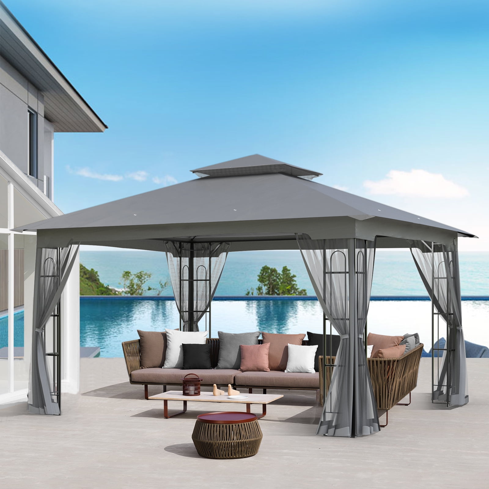 INTER HUT 13x11 Metal Patio Gazebo, Outdoor Gazebo Canopy Tent for Backyard with Mesh Privacy Curtains