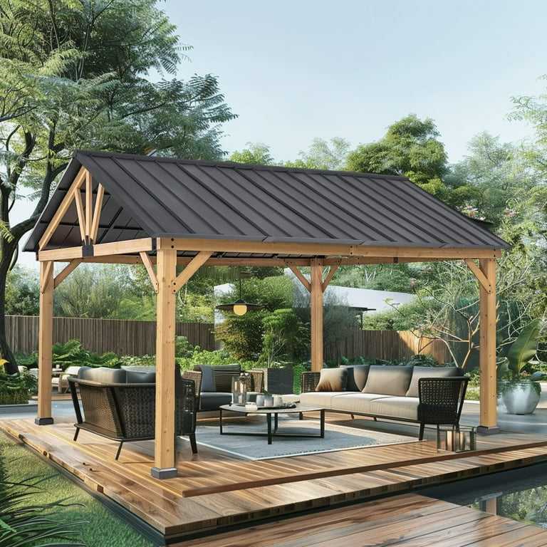 INTER HUT 13x11 Outdoor Hardtop Wood Gazebo Cedar Framed Permanent