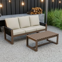 INTER HUT 2 Piece Cedar Patio Conversation sets, Modern Solid Wood 3-seater Sofa Couch with Cushion and Coffee Table, for Garden, Backyard, Beige