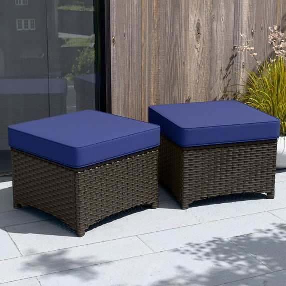 INTER HUT Stone Creek Set of 2 Patio Wicker Rattan Ottoman Footrest Garden Outdoor w/ Cushion - Blue
