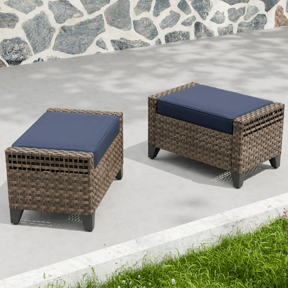 INTER HUT 2 Pieces Modern Outdoor Wicker Patio Footstools, Multipurpose PE Rattan Ottomans Set, Brown/Blue